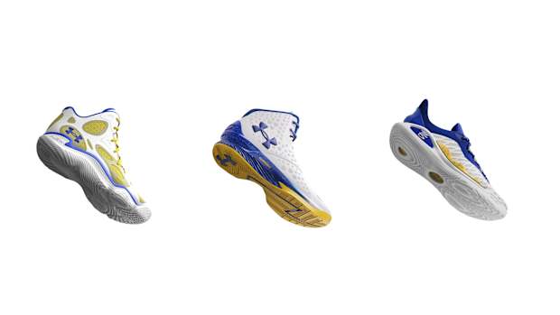 Golden State Warriors guard Stephen Curry's white and blue Under Armour sneakers.